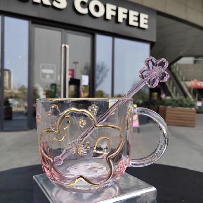 【High-end cups】 น่ารักดอกเชอร์รี่แก้วถ้วยกาแฟผู้ชายและผู้หญิงของขวัญคู่ดื่มแก้วถ้วยฟาง