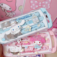 Sanrio Hello Kitty Cinnamoroll ชุดช้อนส้อมนักเรียนสแตนเลสพกพาช้อนส้อมตะเกียบชุดภาชนะสามชิ้น