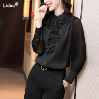 Premium Black Ruffled Straight Office Lady Dress Shirts Spring Autumn Thin Chiffon Solid Color Blouses Elegant Womens Clothing