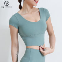 เสื้อยืดแขนสั้น SUPERFLOWER พร้อม Bra Padding Running Slim Yoga Sports Short Tops For Women