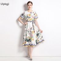 Spring and Summer New round Neck Short Sleeve Dress Fashionable Sweet Style Pullover Plant Flower Printed Midi Skirt Women