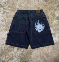 Celana Pendek Denim ปีศาจกระเป๋าเอวสูงแนวย้อนยุคพังก์สำหรับผู้ชาย Y2k สตรีทฮาราจูกุทรงหลวม Celana Pendek Denim กางเกงขาสั้นเดนิมทรงตรง2023ฤดูร้อน