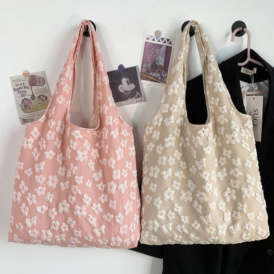 กระเป๋าโท้ทผ้าใบรูปตัวยูสำหรับนักเรียนลายดอกไม้กระเป๋าศิลปะกระเป๋าสะพายไหล่ช็อปปิ้ง