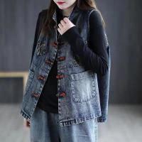 [Spot] denim vest for women Autumn new artistic retro ethnic style large size slimming casual waistcoat 2023