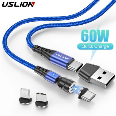 USLION PD 60W 3A Fast Charging  540° Rotate Magnetic Cable QC3.0 4.0 Micro USB Type C Cable For iPhone 13 Samsung S22 Xiaomi 11 Cables  Converters