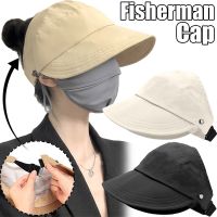 Topi Bucket สำหรับผู้หญิงหมวกแก็ปปรับได้หมวกกันแดดปีกกว้างฤดูร้อนชายหาดกลางแจ้งม่านบังแดดผมหางม้าตกปลามีเชือกผูกหมวกทรงถังกลวง