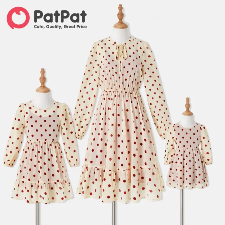 PatPat Mommy and Me Red Cami Dress and Longsleeve Polka Dots Sheer Dress Sets Lazada PH