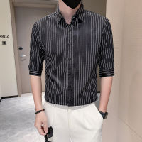 High End ครึ่งแขนเสื้อลายสำหรับชายฤดูร้อนธุรกิจสังคม Slim Fit ชายเกาหลีเสื้อ Streetwear Chemise Homme