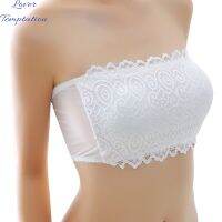 คนรักการ®ผู้หญิงสีทึบลื่นที่ไม่มีสายหนังยืดลูกไม้ Push Up Tube Top Bra ชุดชั้นใน