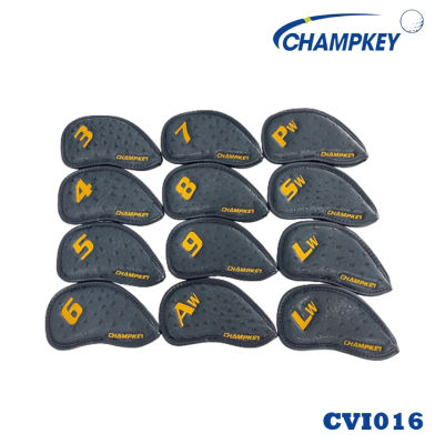 Champkey ปลอกหุ้มหัวไม้กอล์ฟชุดเหล็ก ลายหนังสีดำตัวอักษรทอง (CVI016) Iron Cover สินค้าใหม่พร้อมส่งทันที
