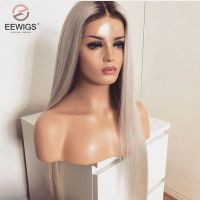 EEWIGS Light Grey Lace Front Wig Middle Part Straight Ombre Wig Glueless Heat Resistant Synthetic Wigs For Black Women Gift ของขวัญ