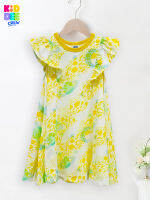 KiddeeCrew ชุดกระโปรงเด็กระบายแขน ลายปลากับพระจันทร์ สีเหลือง Yellow fish and moon print dress เหมาะสำหรับอายุ 2-10 ปี