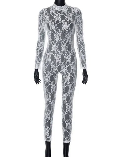 New Fashion Sexy See-through White Lace Mesh Jumpsuits Women 2023 Fall ...