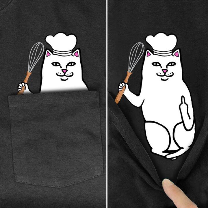 {Men's clothing} CLOOCL เสื้อยืดผ้าฝ้ายสีดำ BrandCute Cat Middle Finger