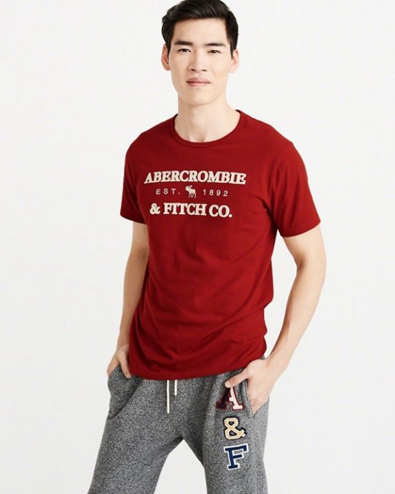 abercrombie-fitch-เสื้อยืดผ้าฝ้ายพิมพ์โลโก้ของผู้ชายแขนสั้นแบบหลวม