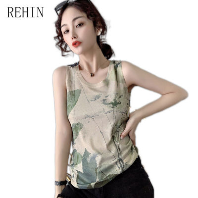 REHIN เสื้อยืดผ้าฝ้ายแขนกุดพิมพ์ลายหมึกบุคลิกภาพที่ไม่ซ้ำกัน,เสื้อกล้ามแบบบางพอดีตัว S-3XL เสื้อกล้ามฤดูร้อน