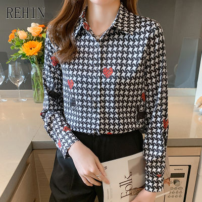 REHIN เสื้อสตรี Houndstooth Heavy Silk เสื้อแขนยาว Chic Lapel เสื้อชีฟองหรูหรา