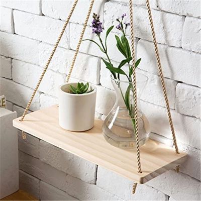 ☬ Premium Wood Swing Hanging Rope Wall Mounted Floating Shelves Plant Flower Pot Indoor Outdoor Decoration Simple Design Hot