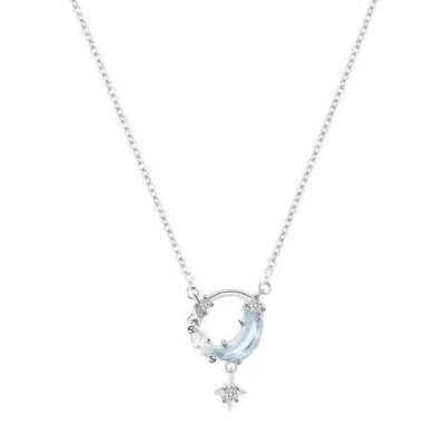 Gift For Women Fashionable Necklaces Silver Moon Star Necklace Hollow Out Zircon Pendant Clavicle Chain Jewelry