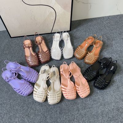 【Ready Stock】NewMelissaˉ2023 Hollow Square Head Roman Knitted Jelly Retro Womens Sandals