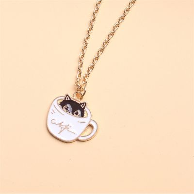 ✿◘✶ Fashion Cartoon Coffee Cup Cat Metal Enamel Pendant Necklace Creative Trendy Cute Women Jewelry Accessories Gift