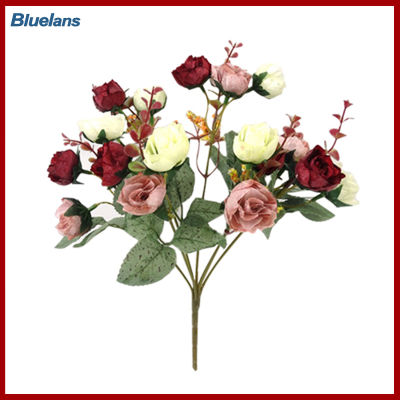 Bluelans®  1 Bouquet 21 หัวกุหลาบประดิษฐ์ดอกไม้ผ้าไหมใบครอบครัวตกแต่งงานแต่งงาน