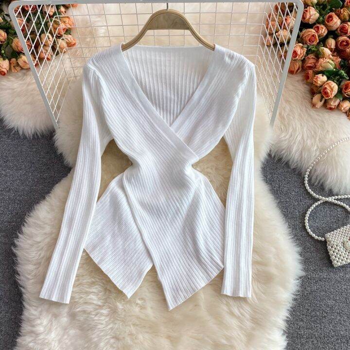 korean-style-women-ladies-autumn-winter-slim-knitted-knitwear-knit-v-neck-tops-long-sleeve-shirt-blouse-baju-baju-wanita-lengan-panjang