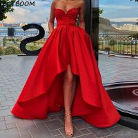 Short Front Long Back Red Simple Prom Dress A-Line Evening Gowns Satin Women Formal Party 2021 Sleeveless Long Robes De Soirée