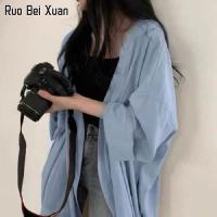 w Ruo Bei Xuan เสื้อเชิ้ตแขนยาว กันลม ทรงหลวม สีพื้น สําหรับผู้หญิง hn