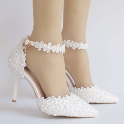 White lace pearl wedding shoe flower type a word wristbands bride shoes heel pointed wedding photograph womens sandals