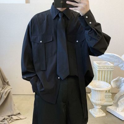 ♦เสื้อมีกระดุมสำหรับผู้ชายสีดำแขนสั้นชุดลำลองย้อนยุค22-23เสื้อขนาดใหญ่ผู้ชายเสื้อโกธิคฮาราจูกุAltญี่ปุ่น