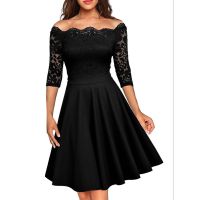 Vintage Elegant Womens Off-Shoulder Lace Paneled A-line Dress