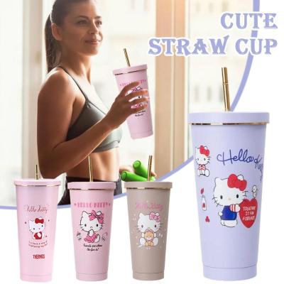 Cartoon Cute Pink Straw Water Cup High-capacity Stainless 750m Tumbler Steel P5C3