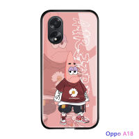 เคสใส่โทรศัพท์สำหรับ OPPO A18 A38กันกระแทกน่ารักสี่เหลี่ยมการ์ตูน SpongeBob นุ่มขอบเคสมันวาวปลอกฝาหลังกระจกเทมเปอร์