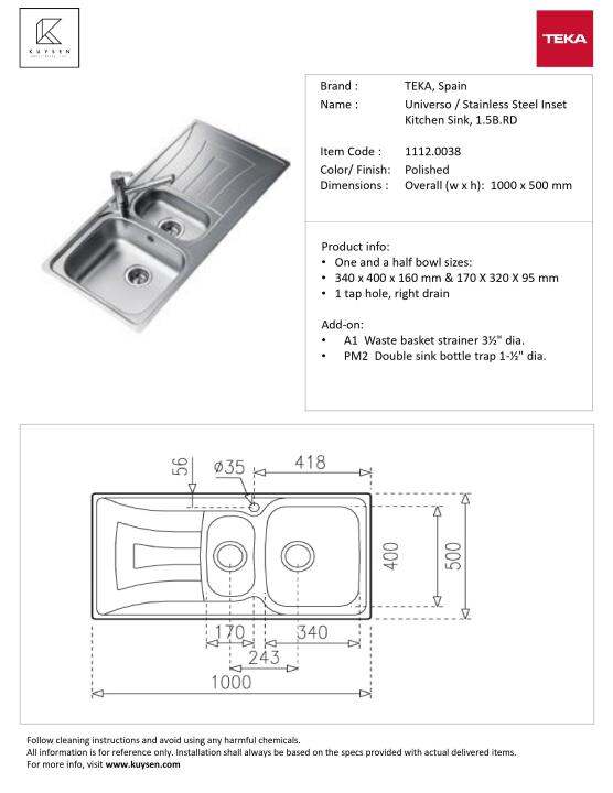 TEKA Universo / Stainless Steel 1.5 Bowl Inset Kitchen Sink by Kuysen ...