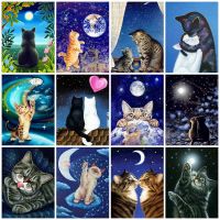 Momoart Full Square Diamond Painting Cat Moon Cross Stitch Diamond Embroidery Animal Mosaic Rhinestone Picture Handmade Hobby