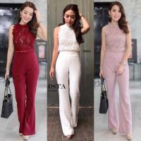 P9982 Set 2 ชิ้น เสื้อลูกไม้แขนกุด+ กางเกงเอวสูงขายาว  Set of 2 pieces. Sleeveless lace top + high waisted long pants.