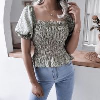 Solid Vintage Square Collar Ruffle Casual Blouse Women Lantern Sleeve Peplum Top White Red Black