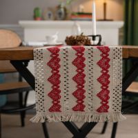 Cotton And Linen Red Love Festival Contrast Color Woven Natural Material Table Runner Table Cloth With Tassel Contrast Splicing Table Runner Festival Tablecloth
