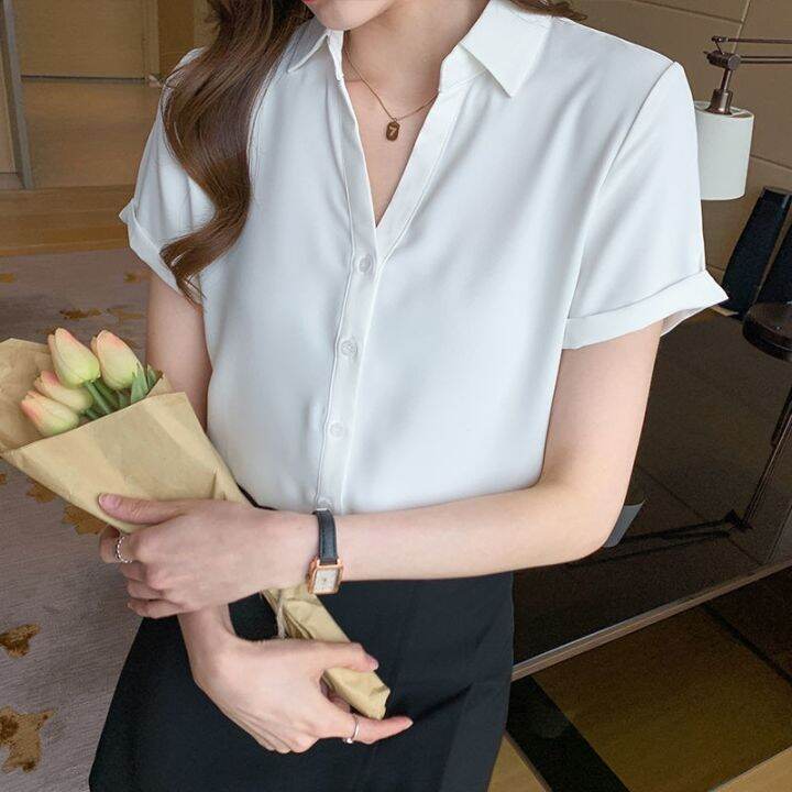 v-neck-white-chiffon-top-professional-female-a-short-sleeved-shirt-overalls-summer-dress-commuter-shimmy-temperament