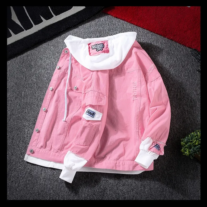 pink hoodie denim jacket