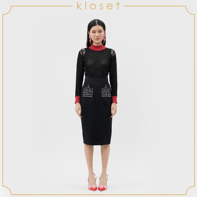 Kloset Pencil High Waisted With Detail Skirt (AW20-S004) เสื้อผ้าแฟชั่น เสื้อผ้าผู้หญิง กระโปรงแฟชั่น กระโปรงแต่งดีเทลปักกระเป๋า กระโปรงพื้น