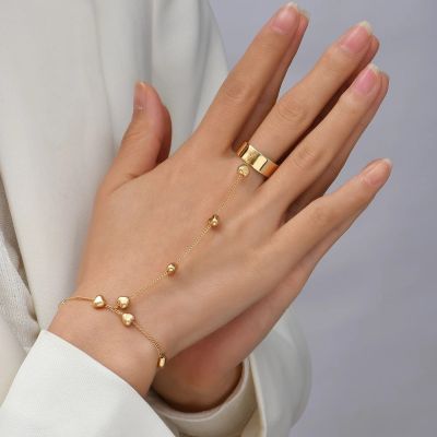 Simple Heart Slave Chain Bracelet Gold Plated Link Connected Wide Finger Ring Bracelets Jewelry Gifts For Women Girls