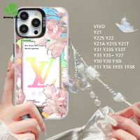 เคสสำหรับ VIVO Y50 Y30i Y30 Y21 Y22S 1935 1938 Y35 Y21S Y21A Y35 Y33T Y56 Y22 + Y21T Y27 Y51ผีเสื้อดอกไม้ Y33S หรูหราเคสโทรศัพท์กรอบกันกระแทก TPU แบบแข็ง + สายคล้อง