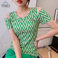 YIMEI เสื้อพิมพ์ลายทางแฟชั่น,2023ใหม่เสื้อยืดสตรีเปิดไหล่แขนสั้นทรงสลิมเข้ารูปพร้อมเพชร