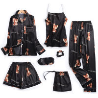 Bear Womens Spring And Summer Silk Satin Pajamas Three-piece Short Sleeve + Shorts + Trousers Soft And Comfortable Homewear