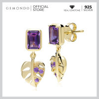 Gemondo ต่างหูเงินแท้ 925 ชุบทอง 18K ประดับอเมทิสต์ (Amethyst) ลวดลายใบไม้ : ต่างหูพลอย แฟชั่น