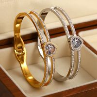 AENSOA Fashion Gold Plated Waterproof Heart Shape Zircon Stainless Steel Bracelets Bangles Jewelry Luxury Hollow Cuff Bracelets