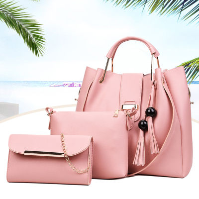 Womens Bag 2022 New Solid Color Fashion Beads Tassel Three-Piece Set Mother And Child Bag Portable Shoulder Bag 2023