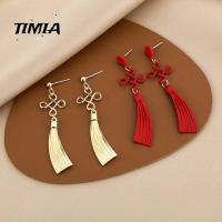 TIMIA สีแดงเเดง ปมแบบจีน ที่แขวนแขวน อุปกรณ์เครื่องประดับอัญมณี ต่างหูแบบห้อย ต่างหูปมจีน ต่างหูห้อยระย้า ต่างหูวันตรุษจีน ที่เกี่ยวหูสำหรับผู้หญิง